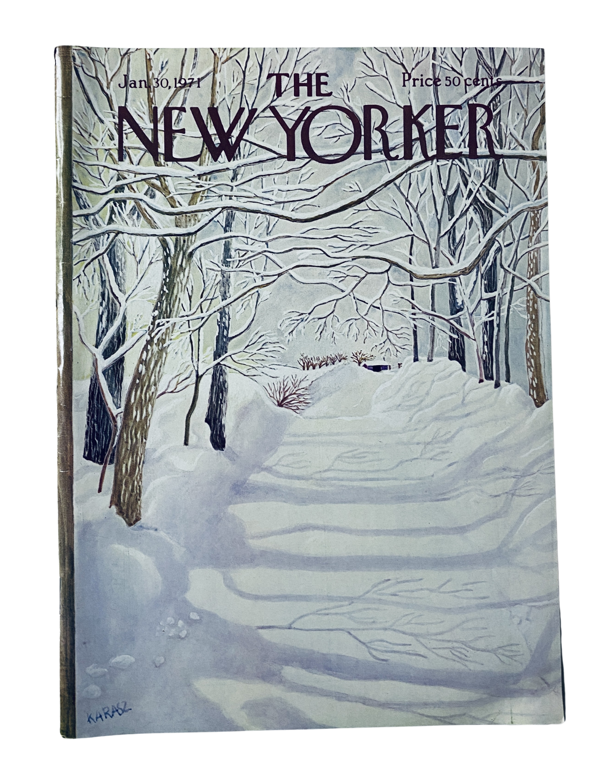 Cover of The New Yorker Magazine January 30, 1971 by Ilonka Karasz featuring a serene winter landscape with snow-covered trees.