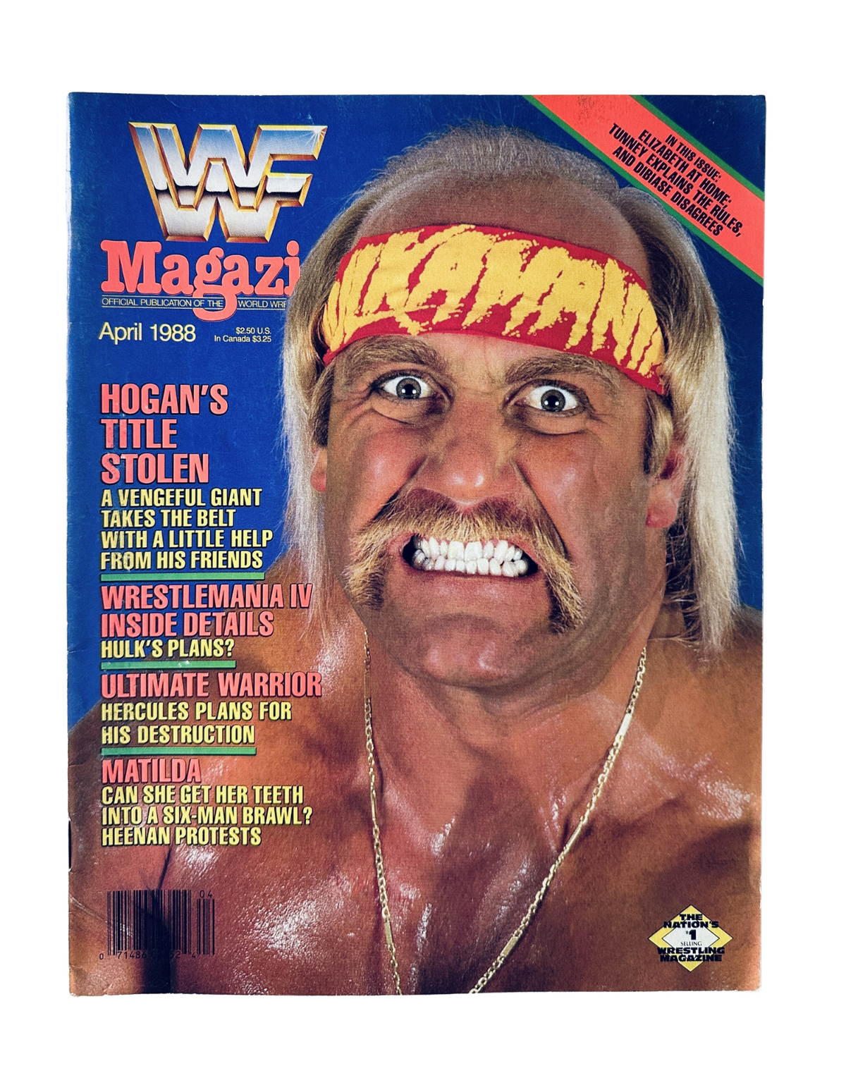 WWF Magazine April 1988 cover featuring Hulk Hogan with intense expression, showcasing his iconic mustache and headband.