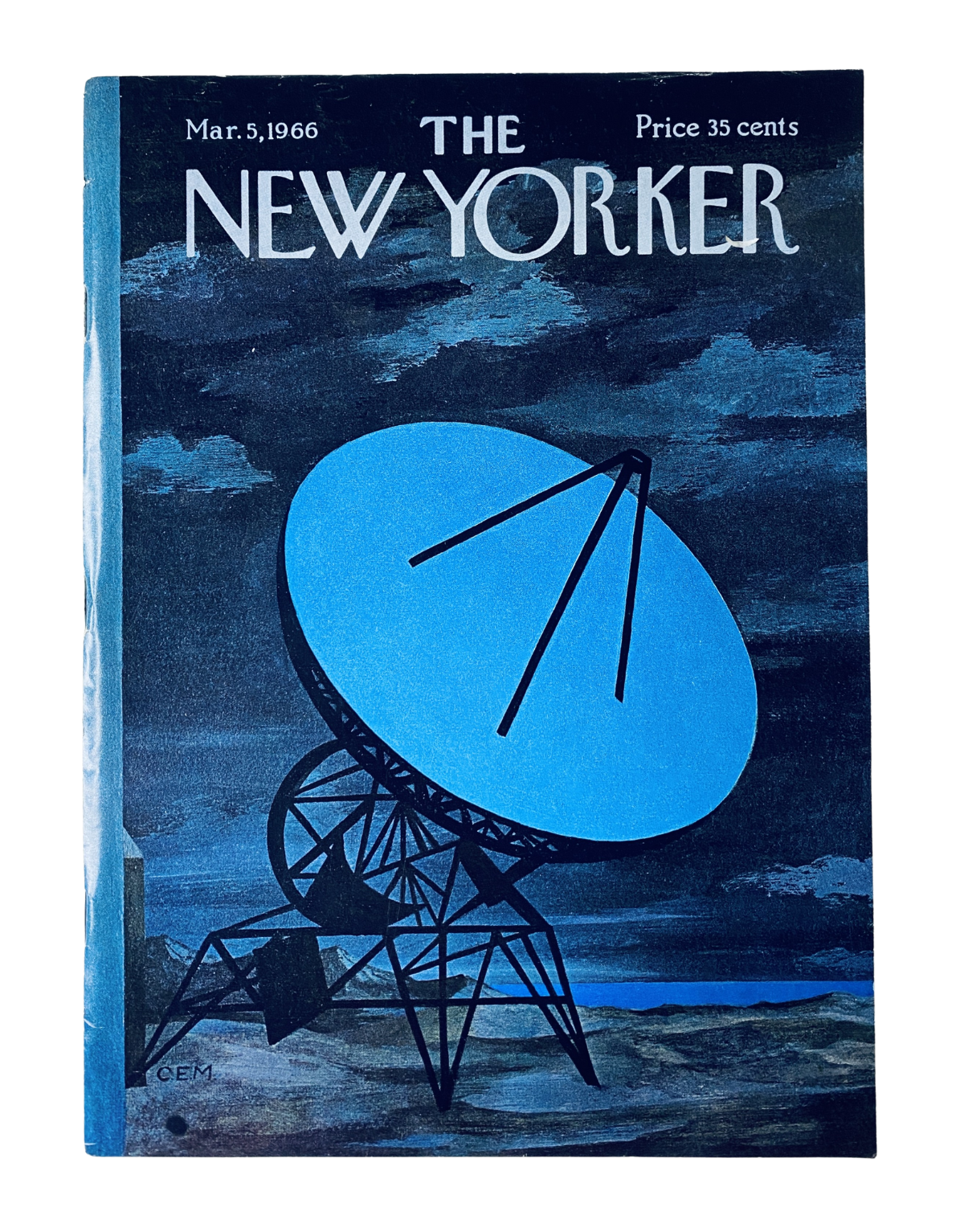 The New Yorker Magazine March 5, 1966 featuring a striking cover illustration of a satellite dish radar set against a dramatic sky, priced at 35 cents.