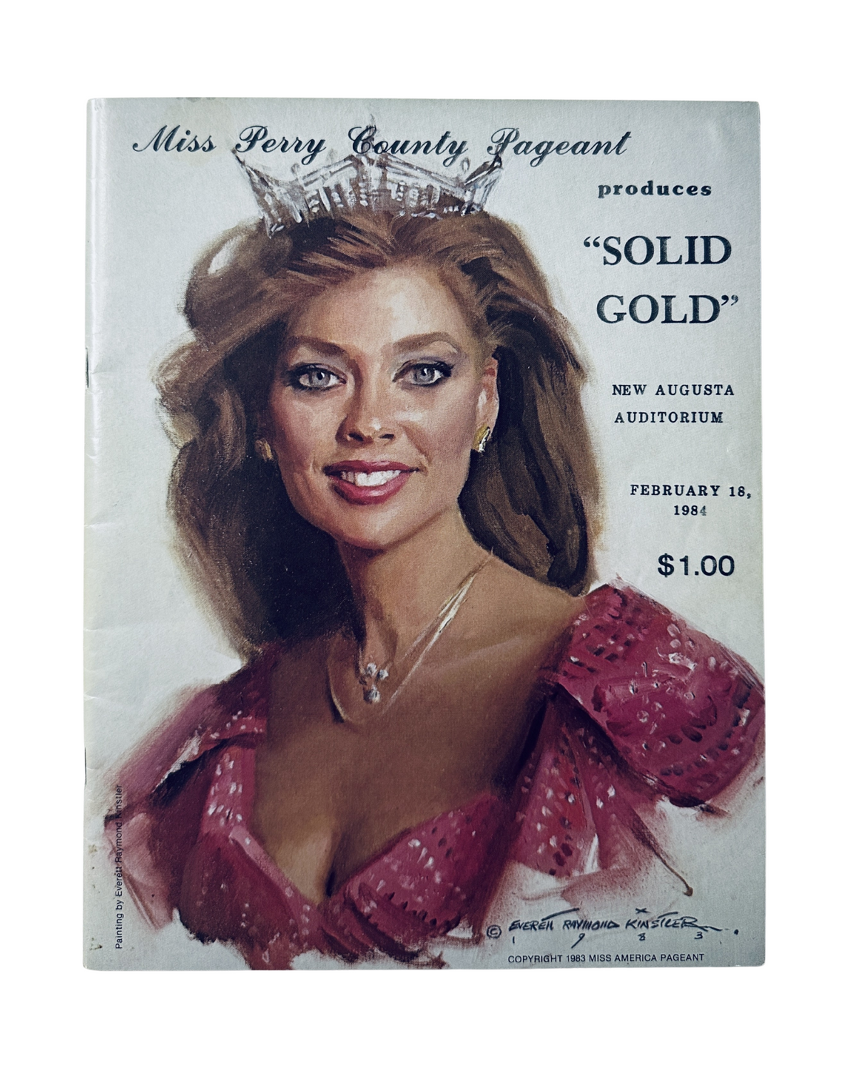 Cover of the Miss Perry County Pageant program titled 'Solid Gold', featuring a portrait of a contestant wearing a crown and pink attire, dated February 18, 1984.