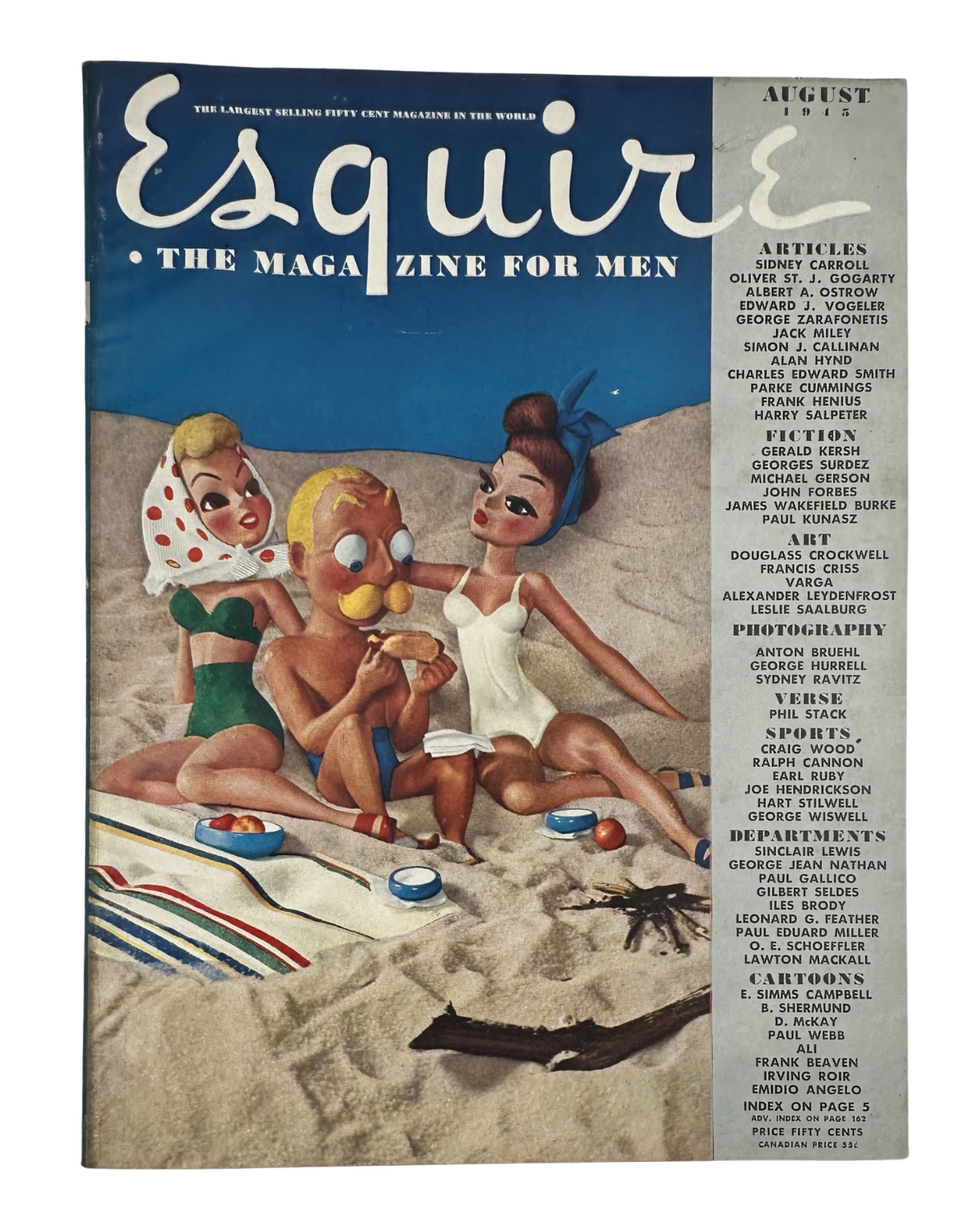 Esquire Magazine August 1945 cover featuring Varga artwork with a beach scene including three cartoonish characters. The magazine is known for its notable articles, pin-up art, and illustrations.
