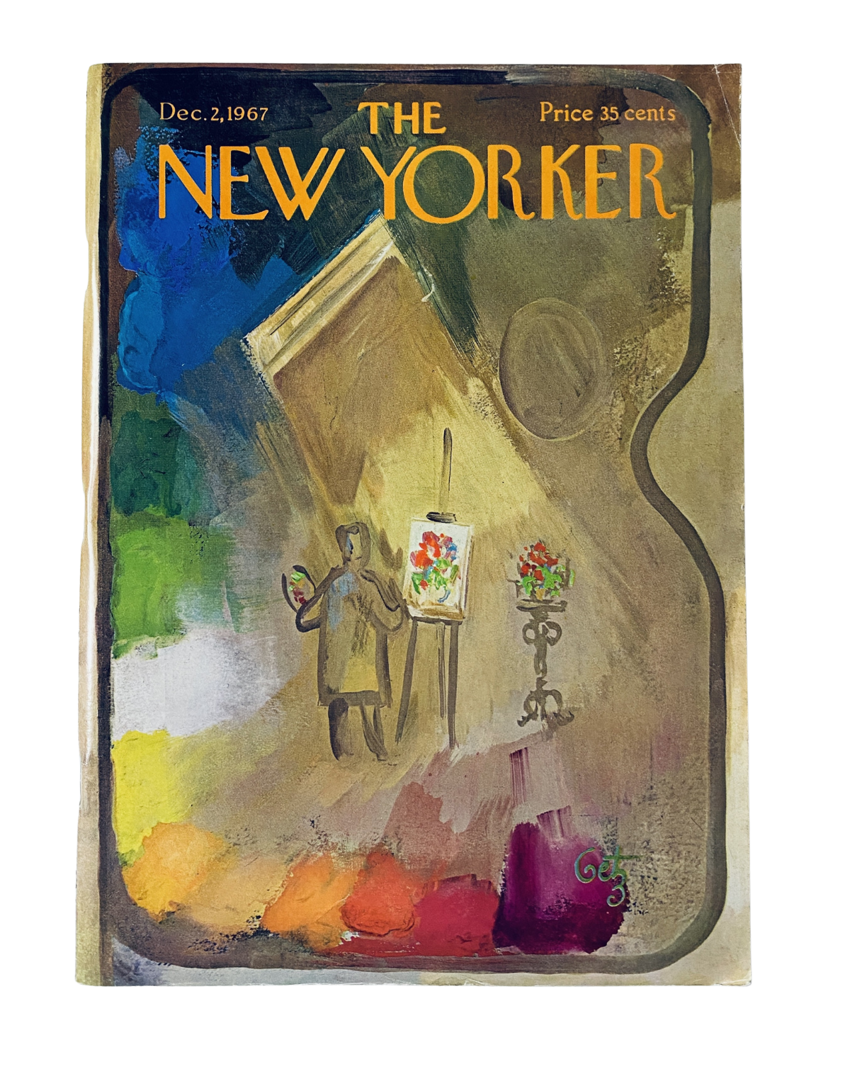 Cover of The New Yorker Magazine dated December 2, 1967, featuring an artistic painting by Arthur Getz, showcasing vibrant colors and a depiction of an artist with an easel.