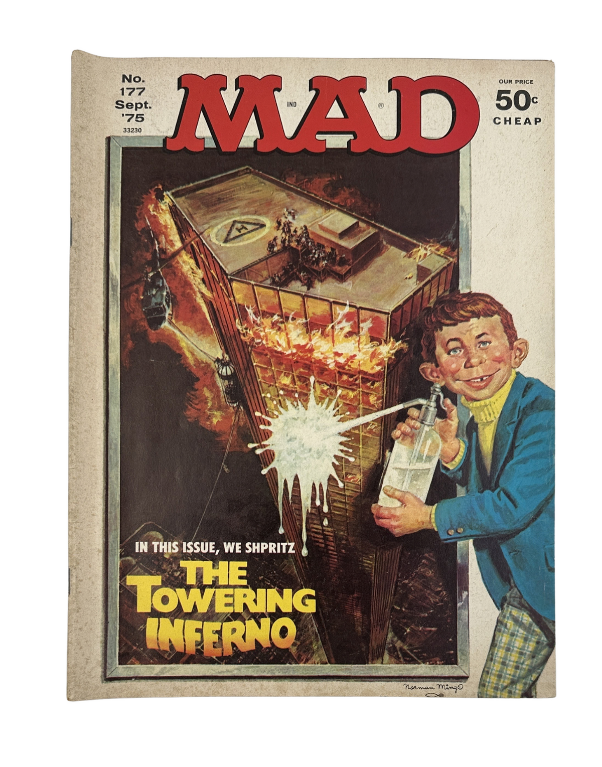 Cover of MAD Magazine No. 177, September 1975, titled 'The Towering Inferno', featuring a humorous illustration related to the theme, priced at 50 cents.
