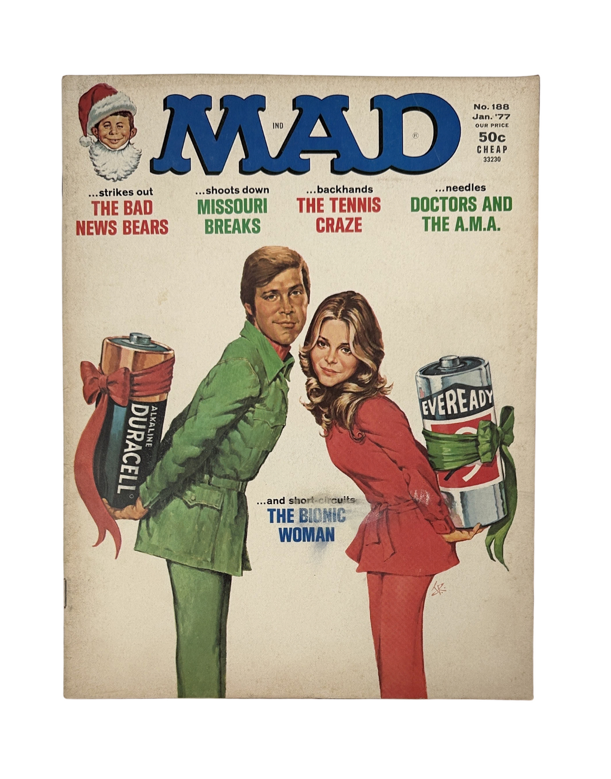 MAD Magazine #188, January 1977 cover featuring characters parodying The Bionic Woman movie, with humorous captions and artwork.