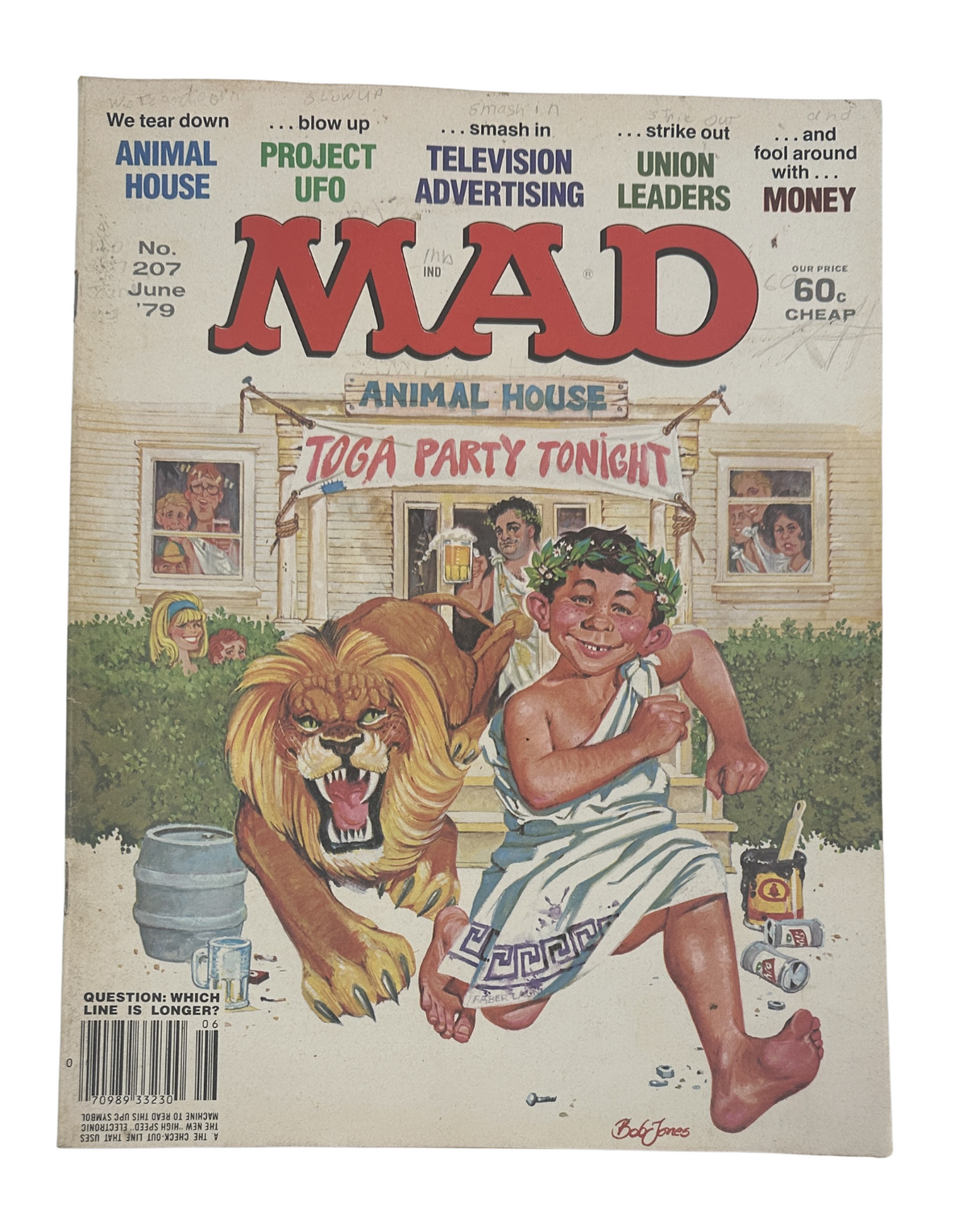 Cover of MAD Magazine No. 207 from June 1979 featuring a humorous illustration with a toga party theme, showcasing a lion and a character dressed in a toga, along with references to Animal House and UFO satire.