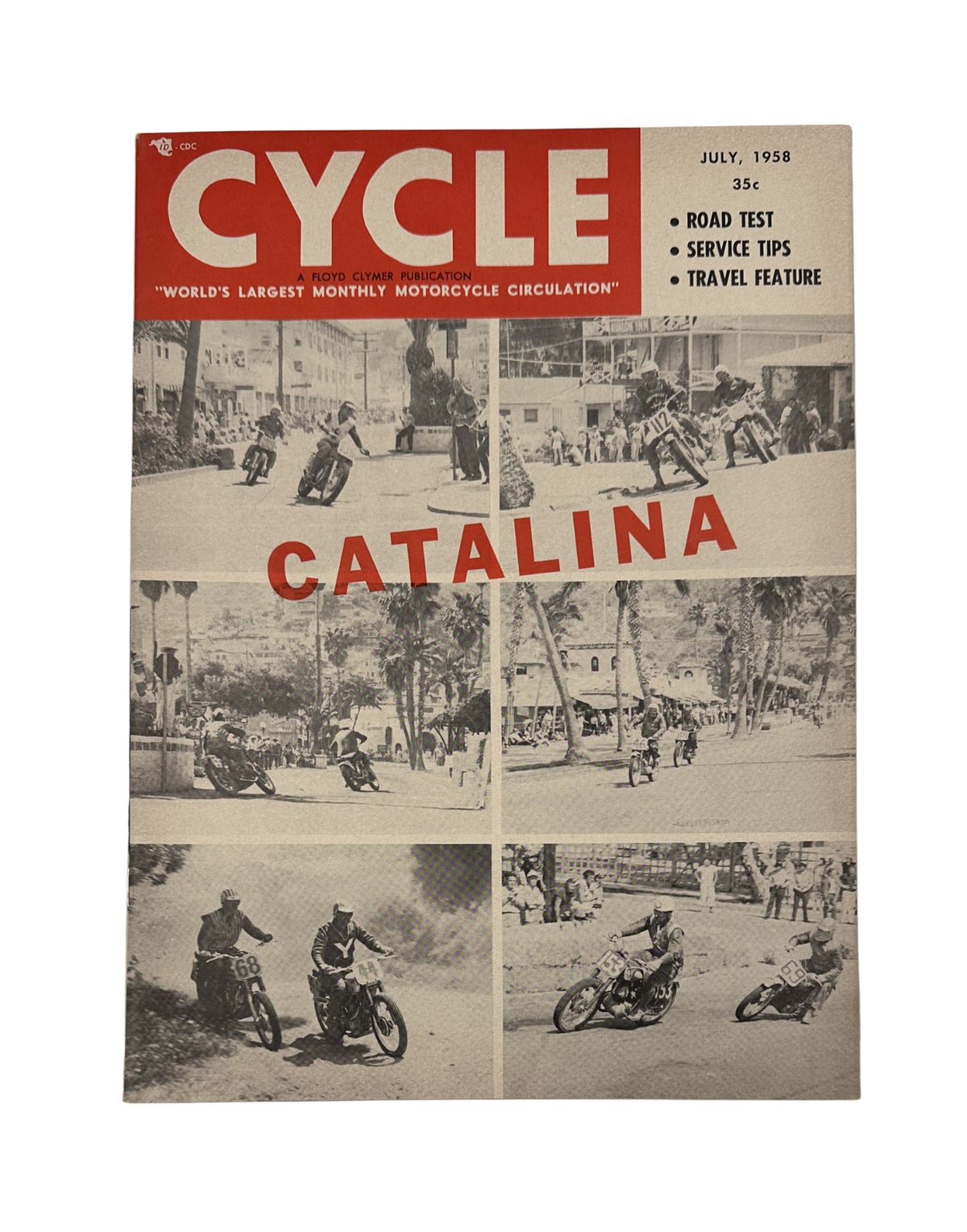 Cycle Magazine July 1958 cover featuring a collage of motorcycle action shots, titled 'Catalina' and highlighting road tests, service tips, and travel features. The magazine is in very good condition.