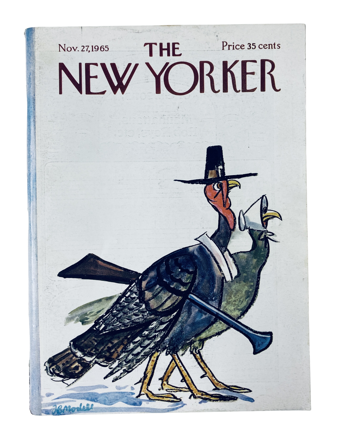 Cover of The New Yorker magazine from November 27, 1965, featuring a Thanksgiving turkey illustrated by Frank Modell, showcasing two turkeys dressed as pilgrims.