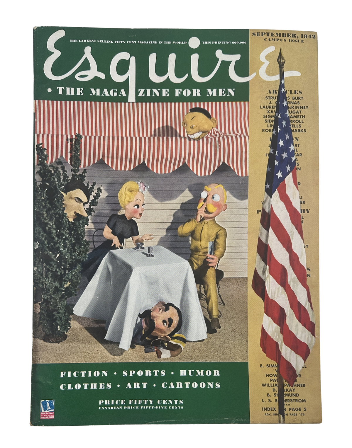 Esquire Magazine September 1942 cover featuring cartoon characters at a table, with an American flag in the background, showcasing WWII themes and pinup art.