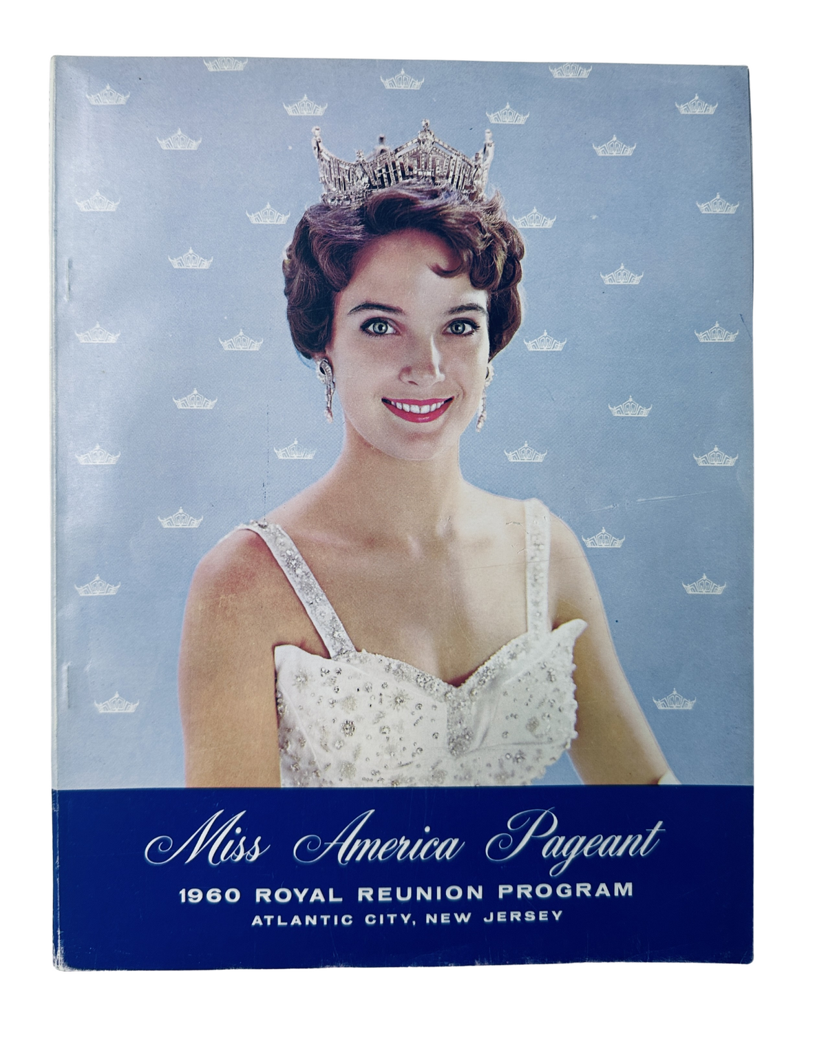 Cover of the 1960 Miss America Pageant Royal Reunion Program featuring Lynda Lee Mead, showcasing her wearing a crown against a patterned background.
