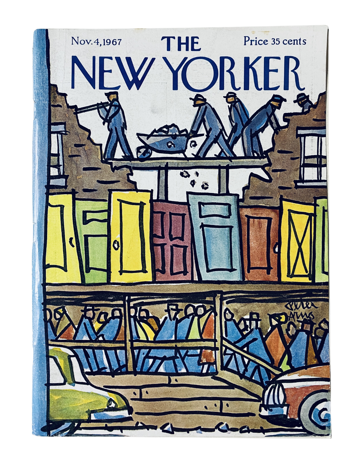 The New Yorker Magazine from November 4, 1967 featuring a colorful cover illustration by Peter Arno depicting construction workers at a site, priced at 35 cents.