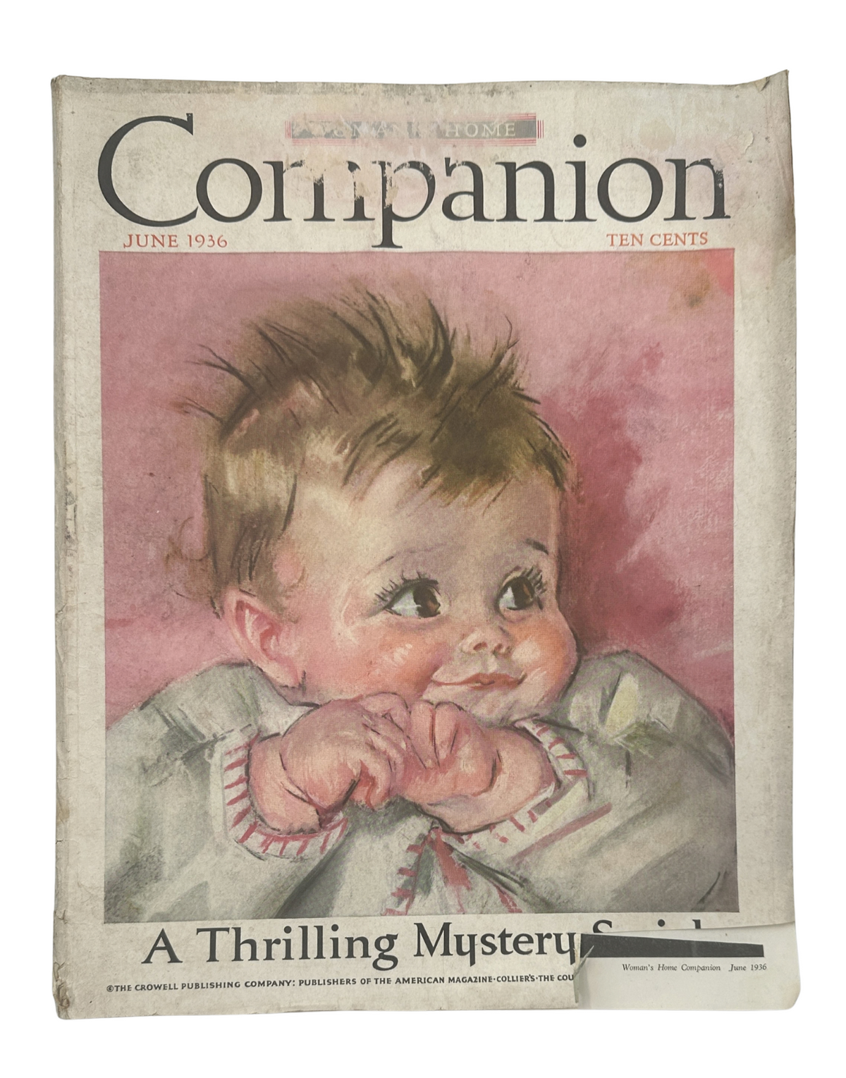 Cover of Woman’s Home Companion Magazine, June 1936 featuring a charming baby illustration and the title 'A Thrilling Mystery Stories'.