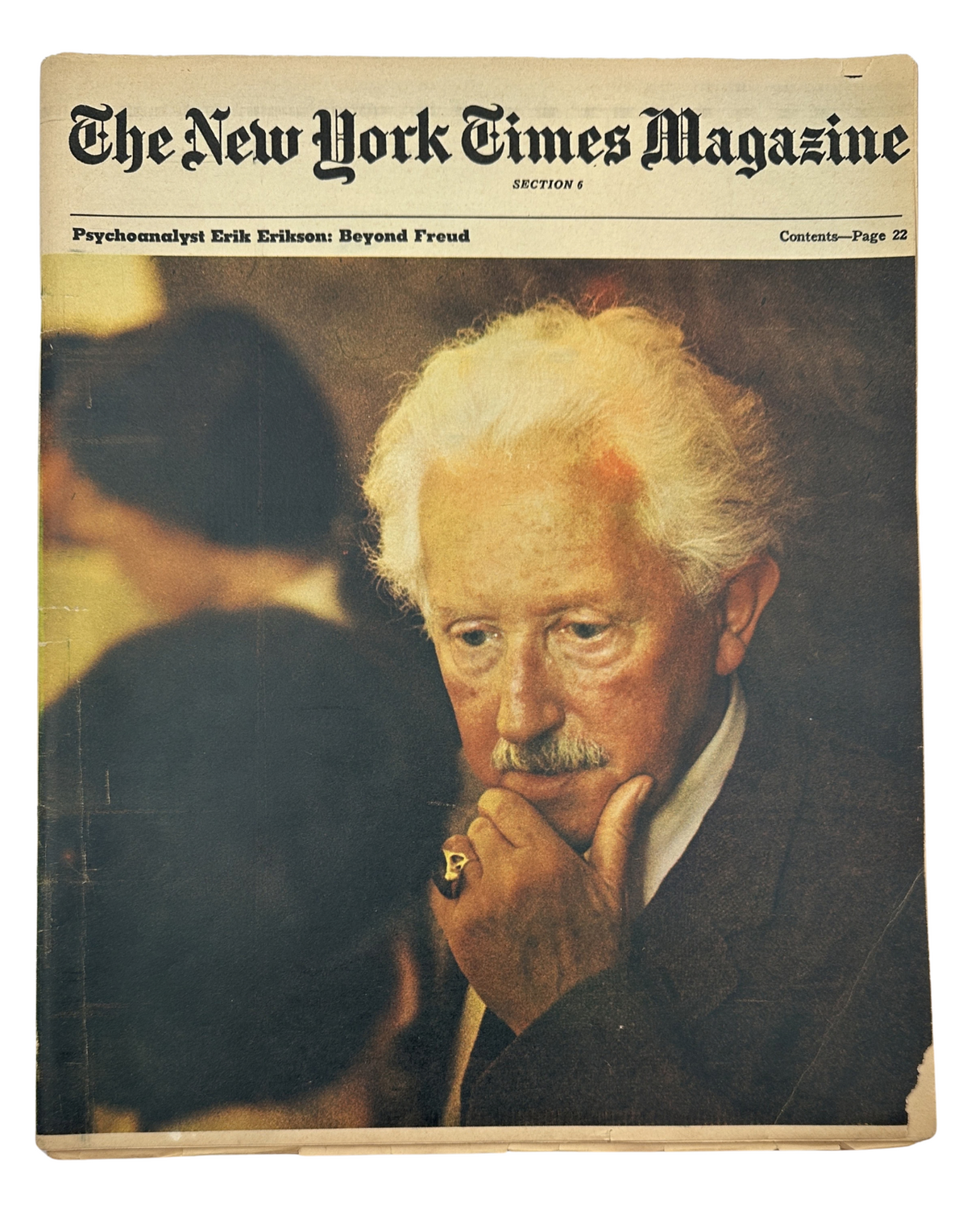 Cover of The New York Times Magazine from 1970 featuring Psychologist Erik Erikson with the title 'Beyond Freud Psychology'. The image showcases Erikson in a contemplative pose and hints at his contributions to psychological theories.