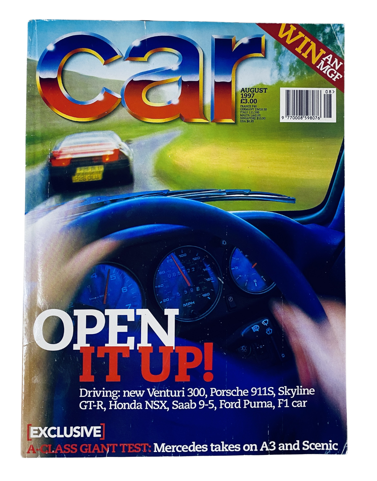 Car Magazine August 1997 featuring Venturi, Porsche 911, Skyline GT-R, Honda NSX, and F1 car. Cover highlights include 'Driving: new Venturi 300, Porsche 911s, Skyline GT-R, Honda NSX, Saab 9-5, Ford Puma, F1 car' with a dynamic driving scene.