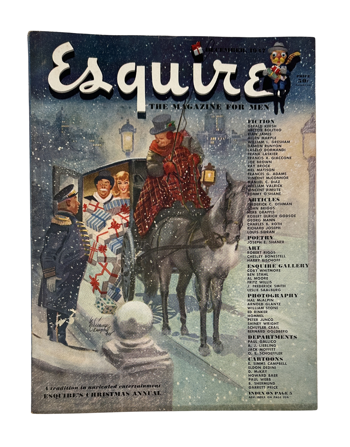 Esquire Magazine December 1947 Christmas Issue featuring festive winter scene on the cover, with people in winter attire around a horse-drawn carriage, highlighting the holiday spirit.