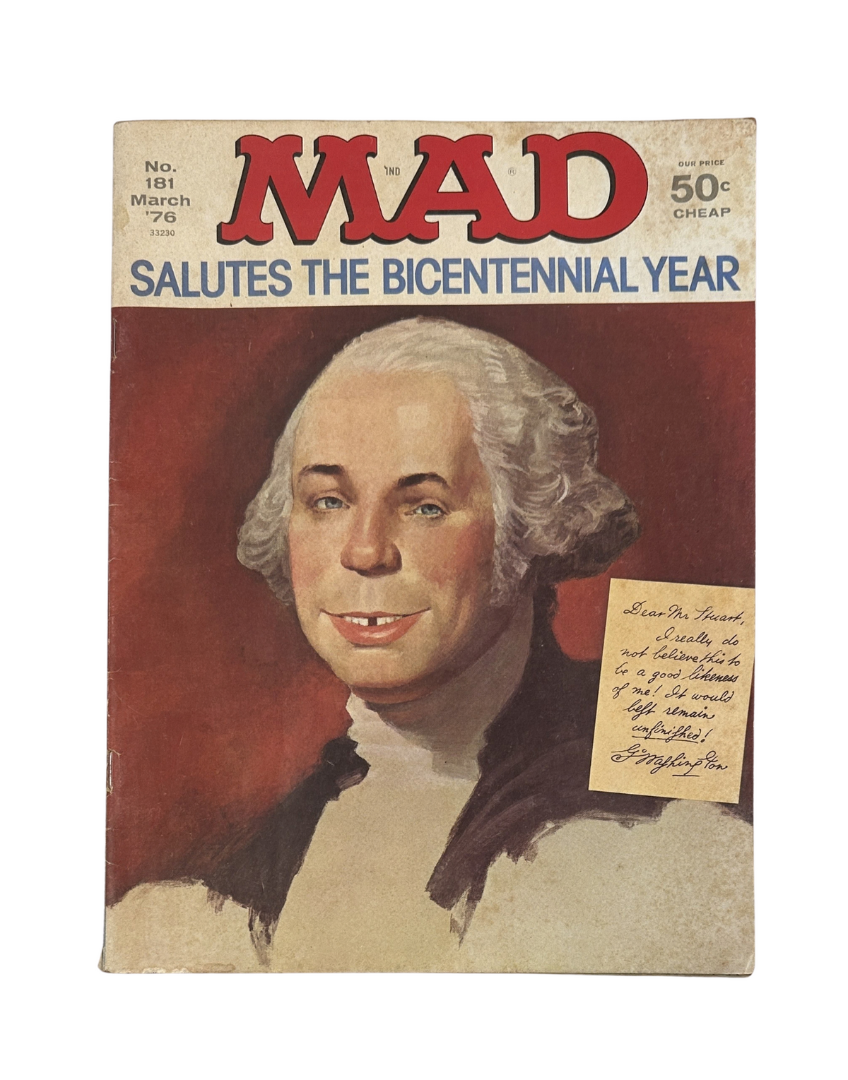 Cover of MAD Magazine No. 181 March 1976 featuring a humorous illustration of George Washington, with the title 'MAD Salutes The Bicentennial Year'. This issue includes movie satire and Spy vs Spy.
