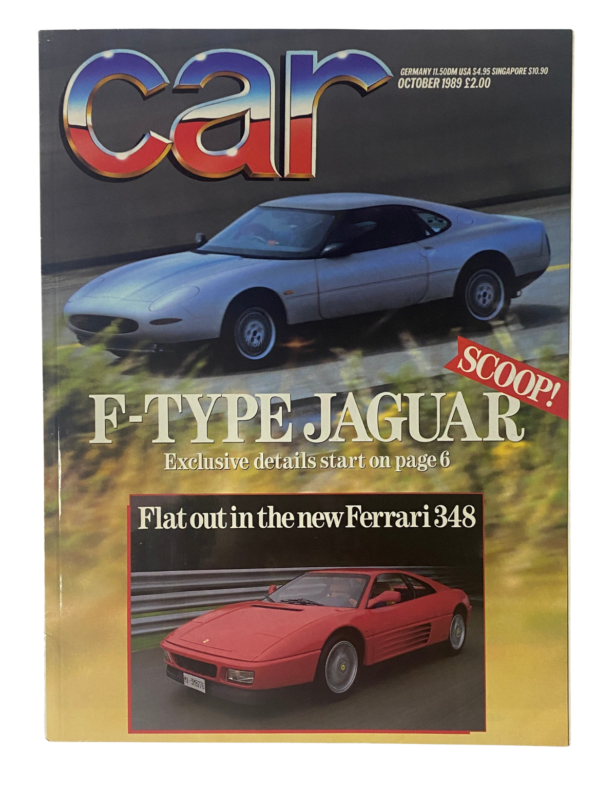 Cover of CAR Magazine, October 1989 featuring the Jaguar F-Type scoop and Ferrari 348 review. Includes images of both cars and highlights the exclusive details starting on page 6.