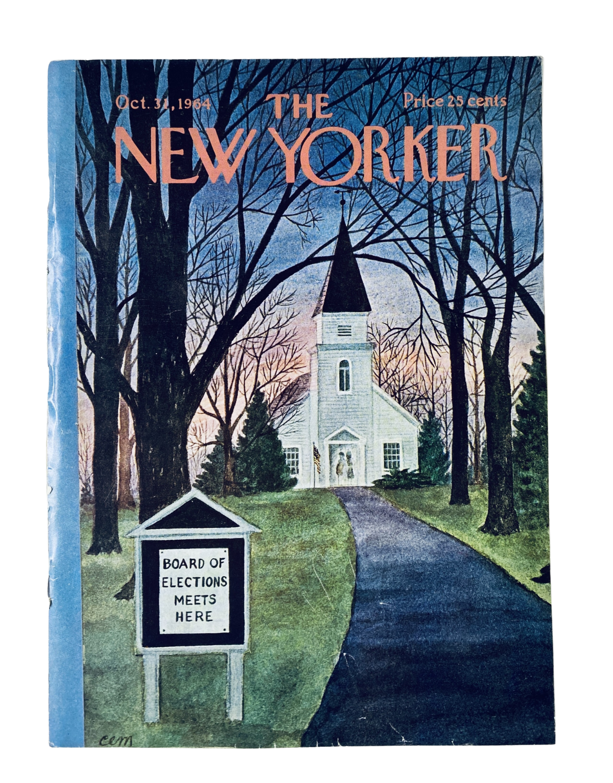 Cover of The New Yorker Magazine from October 31, 1964 featuring an illustration of a church with the text 'Board of Elections Meets Here', by C. Martin.