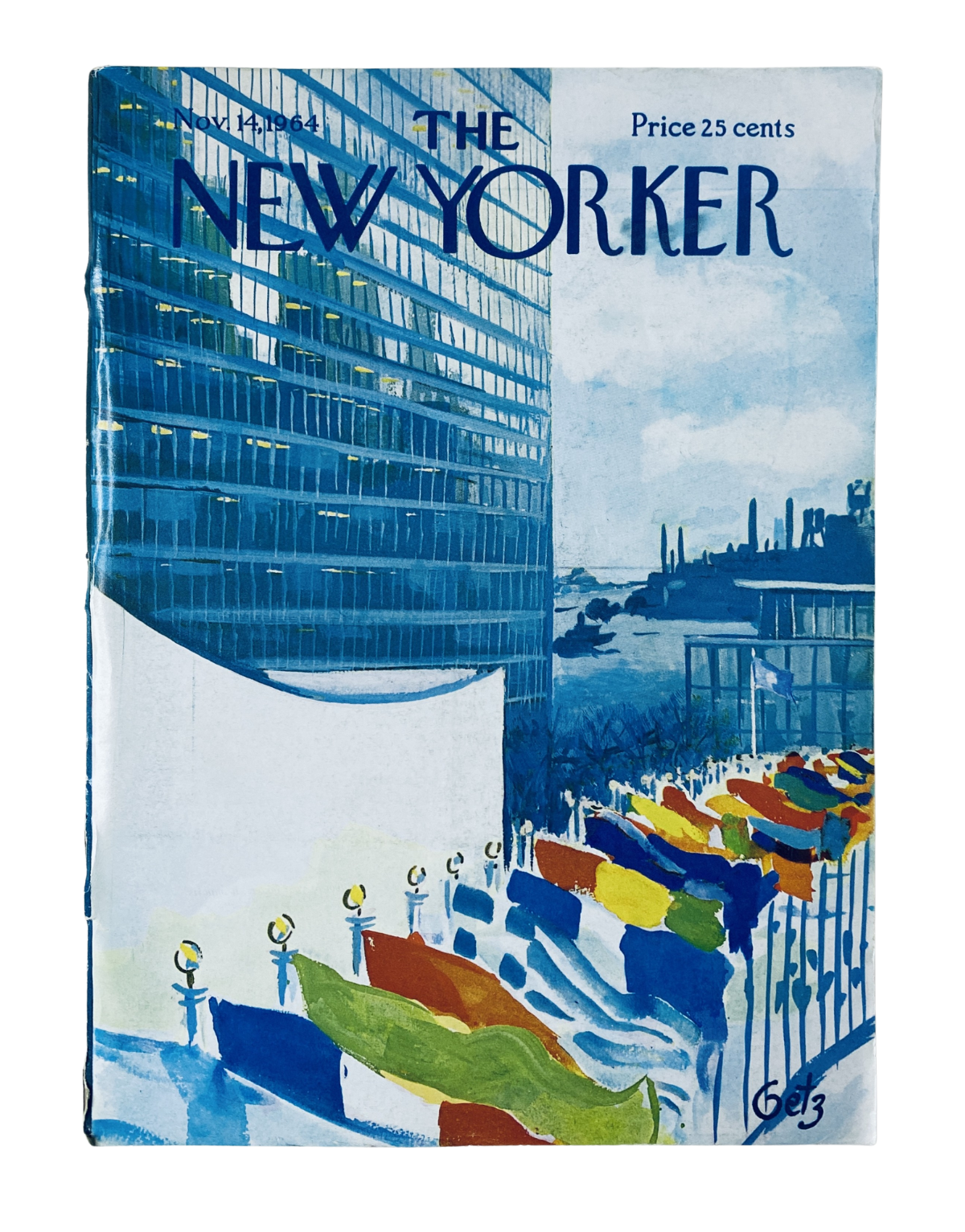 The New Yorker Magazine November 14, 1964 cover featuring a vibrant watercolor illustration of the UN Building with colorful flags. This iconic cover art by Arthur Getz captures a significant architectural moment, showcasing the interplay of modernity and international diplomacy.