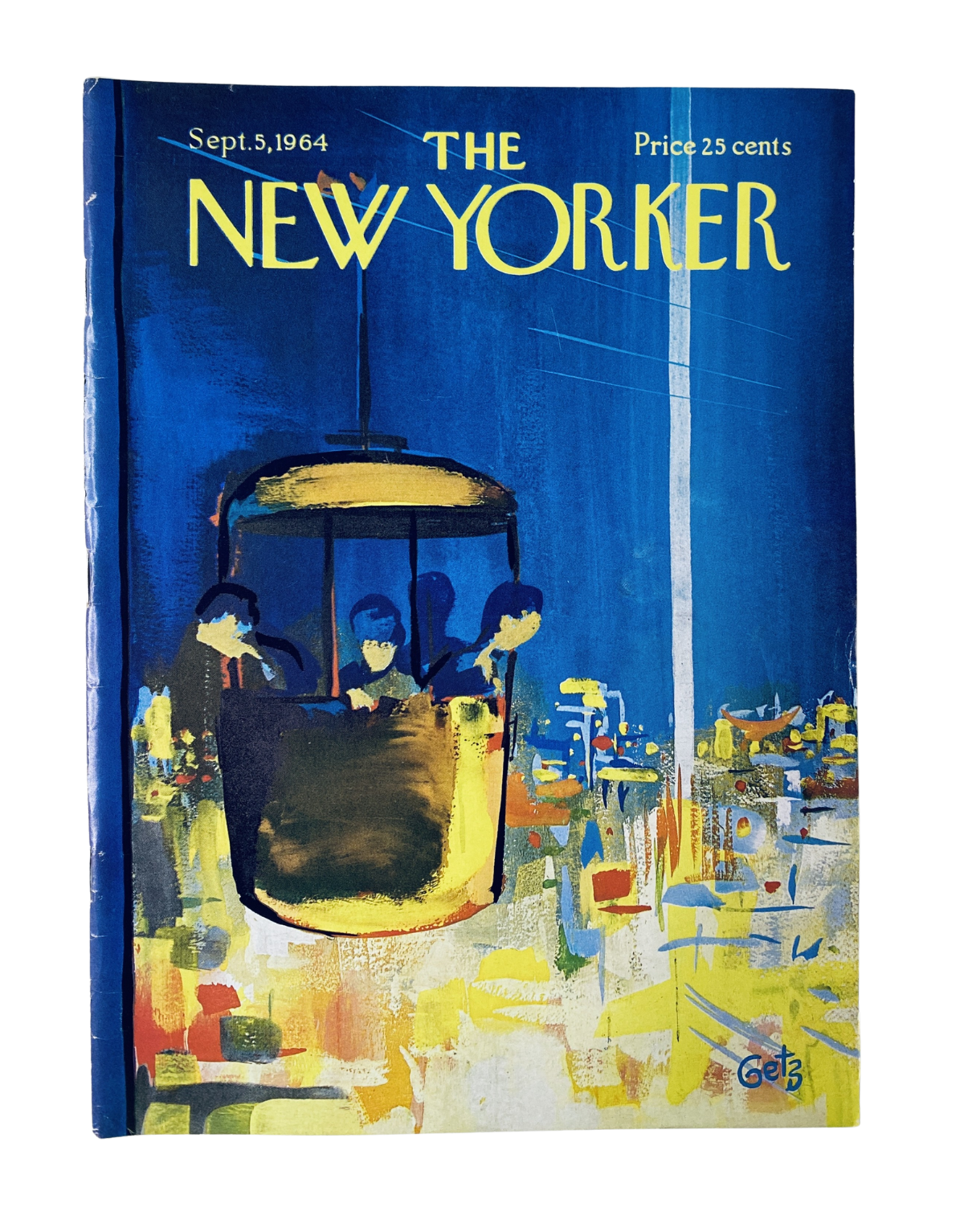 The New Yorker Magazine September 5, 1964 Gondola Night City Cover A. Getz VG featuring a vibrant illustration of a gondola atop urban cityscape, reflecting artistic design and nostalgic appeal.