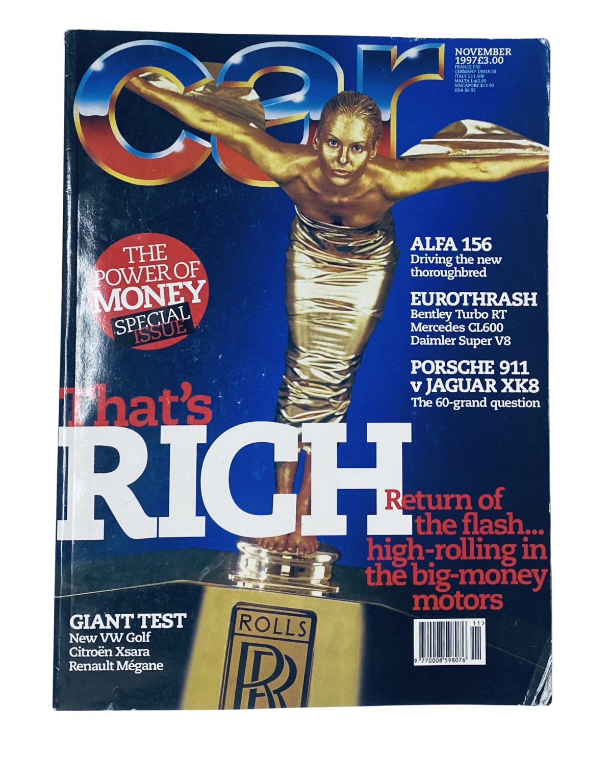 Cover of CAR Magazine November 1997 featuring the Alfa 156, Bentley CL600, and a comparison test of the Porsche 911 versus Jaguar XK8. The text highlights 'That's Rich' and discusses luxury motors.