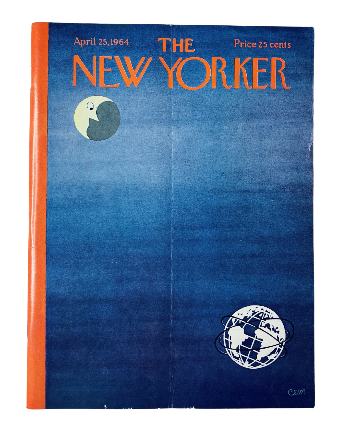 The New Yorker Magazine cover from April 25, 1964 featuring a moon and globe night sky design by C. E. Martin, showcasing deep blue hues and a distinctive graphic style.