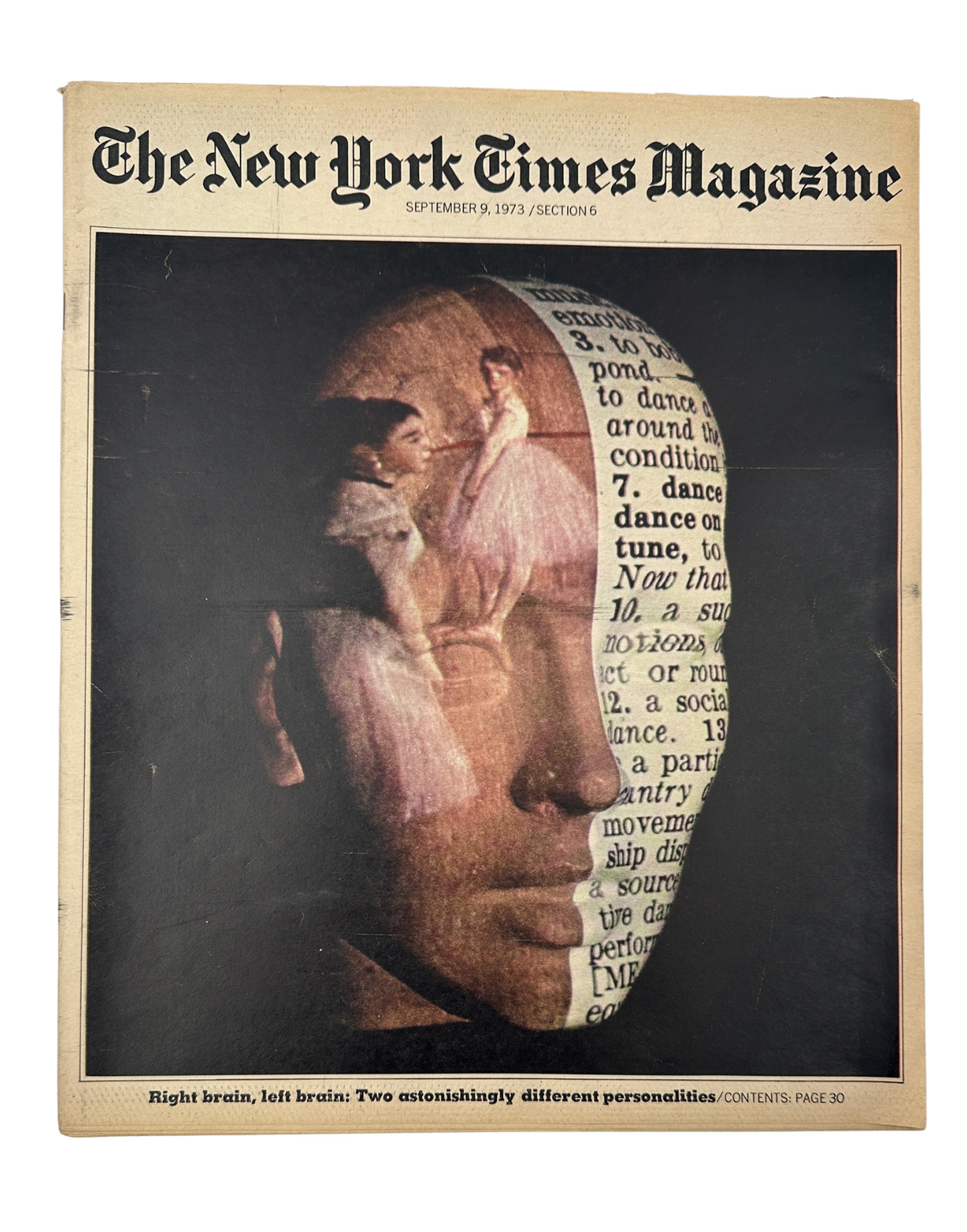 Cover of The New York Times Magazine, September 9, 1973, featuring an illustration of a human head with newspaper clippings, symbolizing the theme of right brain vs left brain personalities.