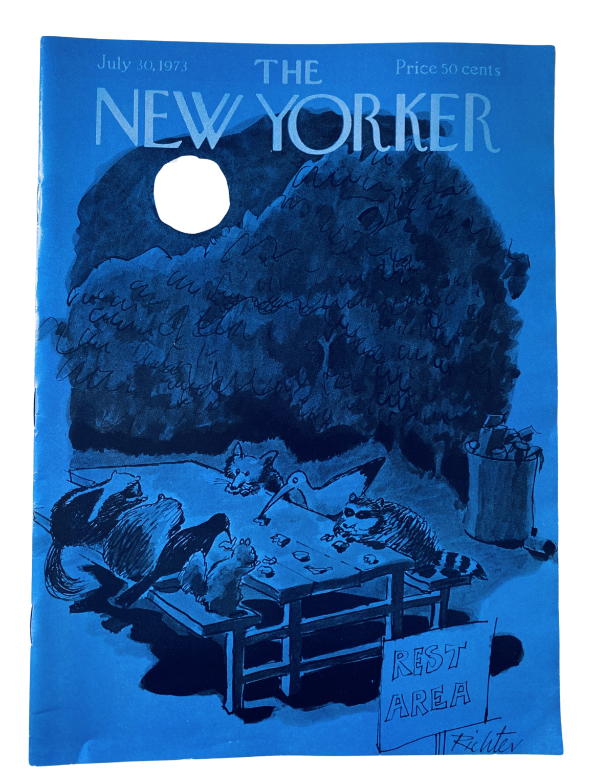 Cover of The New Yorker Magazine from July 30, 1973 featuring a moonlit picnic scene with animals, illustrated by M. Richter. The artwork depicts various animals gathered around a table with a sign saying 'REST AREA', showcasing a whimsical and playful atmosphere.