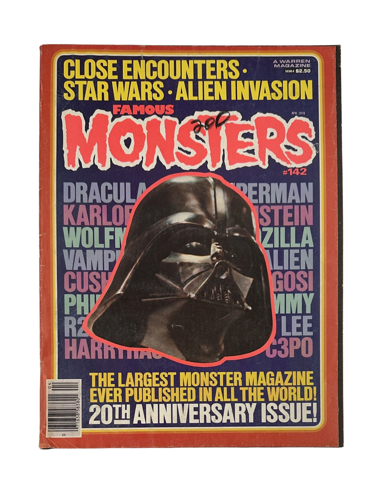 Cover of Famous Monsters of Filmland No.142, February 1978, featuring Darth Vader from Star Wars and a tribute to the Alien Invasion theme, highlighting its status as the largest monster magazine with the 20th anniversary note.