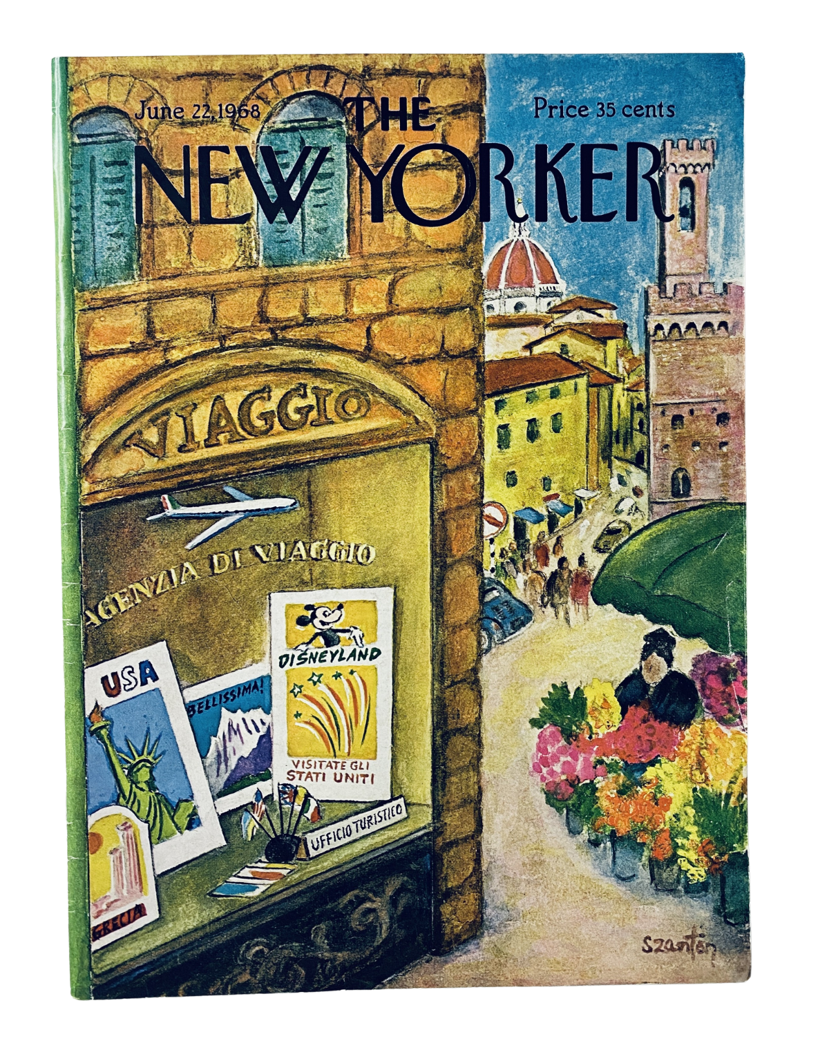 The New Yorker Magazine June 22, 1968 cover featuring an illustration of a travel agency in Florence, Italy, depicting vibrant colors and iconic landmarks.