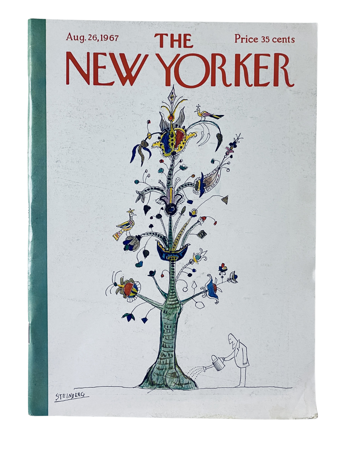 The New Yorker Magazine August 26, 1967 featuring Saul Steinberg cover art, showcasing a vibrant illustration of a whimsical tree with colorful birds and flowers.