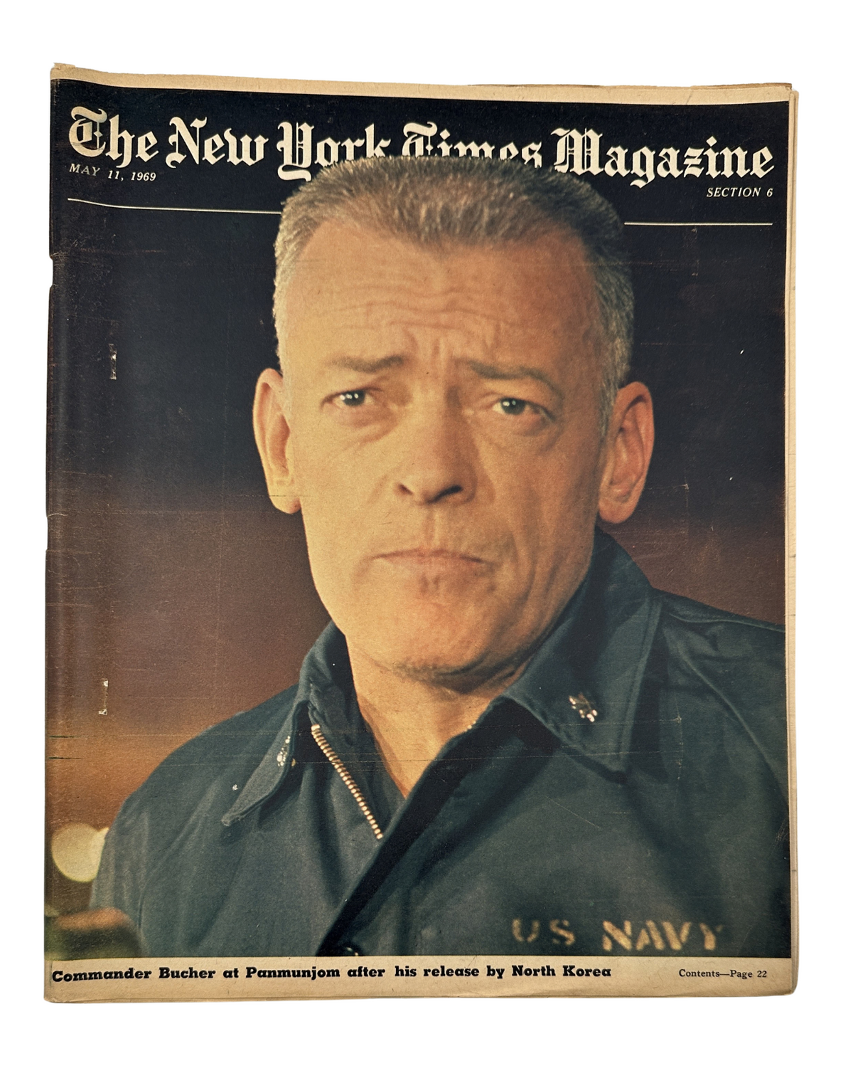 Cover of The New York Times Magazine from May 11, 1969 featuring Commander Lloyd Bucher from the USS Pueblo at Panmunjom after his release by North Korea.
