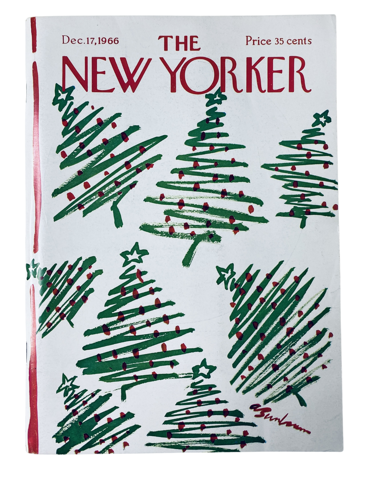 Cover of The New Yorker Magazine dated December 17, 1966 featuring a festive design of Christmas trees by Abe Birnbaum.