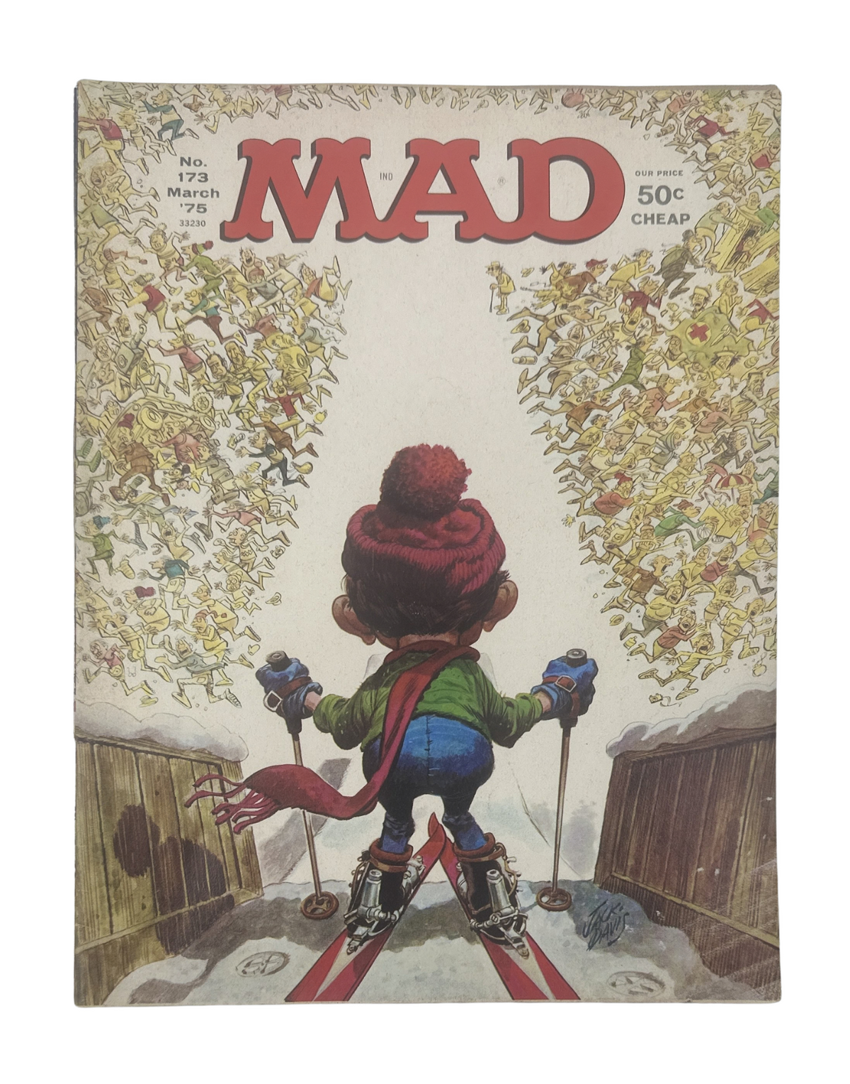 MAD Magazine No. 173 March 1975 cover featuring a character skiing, representing themes of satire and humor in consumer society.