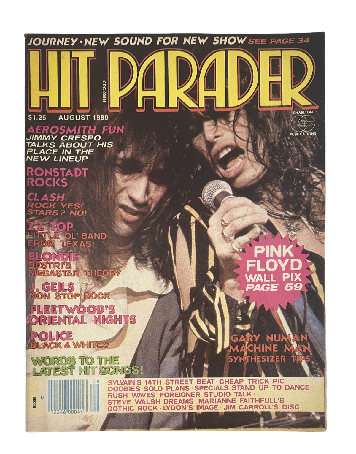 Cover of Hit Parader Magazine, August 1980 featuring Aerosmith, Blondie, ZZ Top, and Pink Floyd. Highlights include articles on Jimmy Crespo, Fleetwood Mac, and Gary Numan.