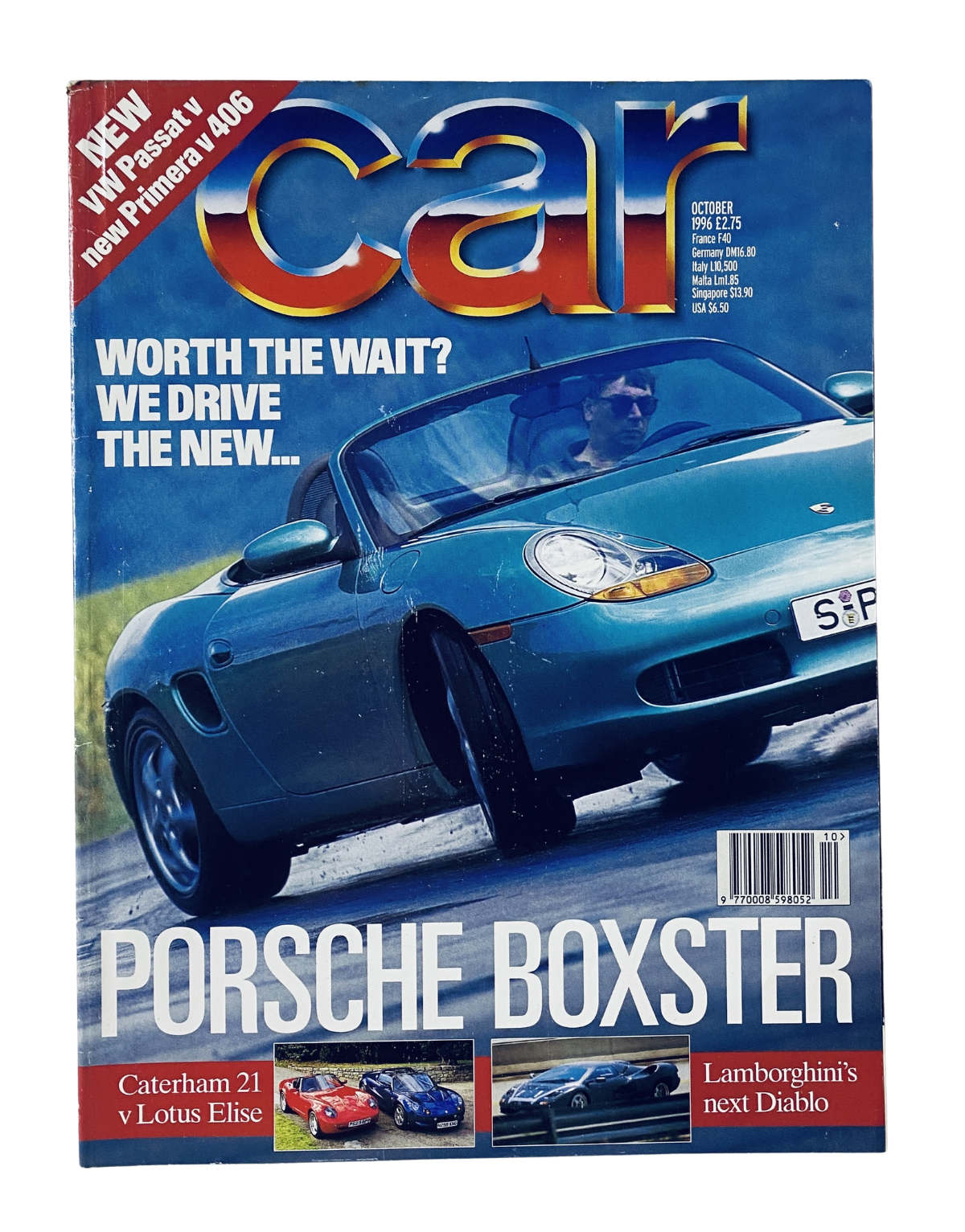 Cover of CAR Magazine October 1996 featuring the Porsche Boxster, showcasing the text 'WORTH THE WAIT? WE DRIVE THE NEW...' with images of the Caterham 21 and Lamborghini Diablo.