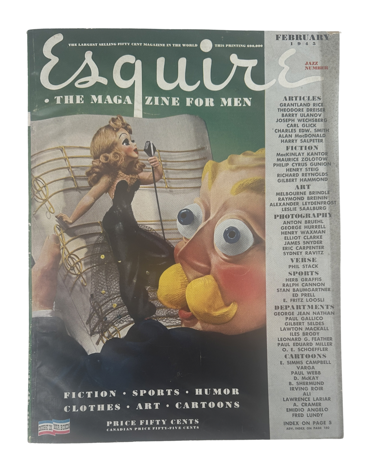 Esquire Magazine February 1945 featuring a vibrant cover illustration with a whimsical character performing on stage. This edition is labeled as the Jazz Number, highlighting its collectible status.