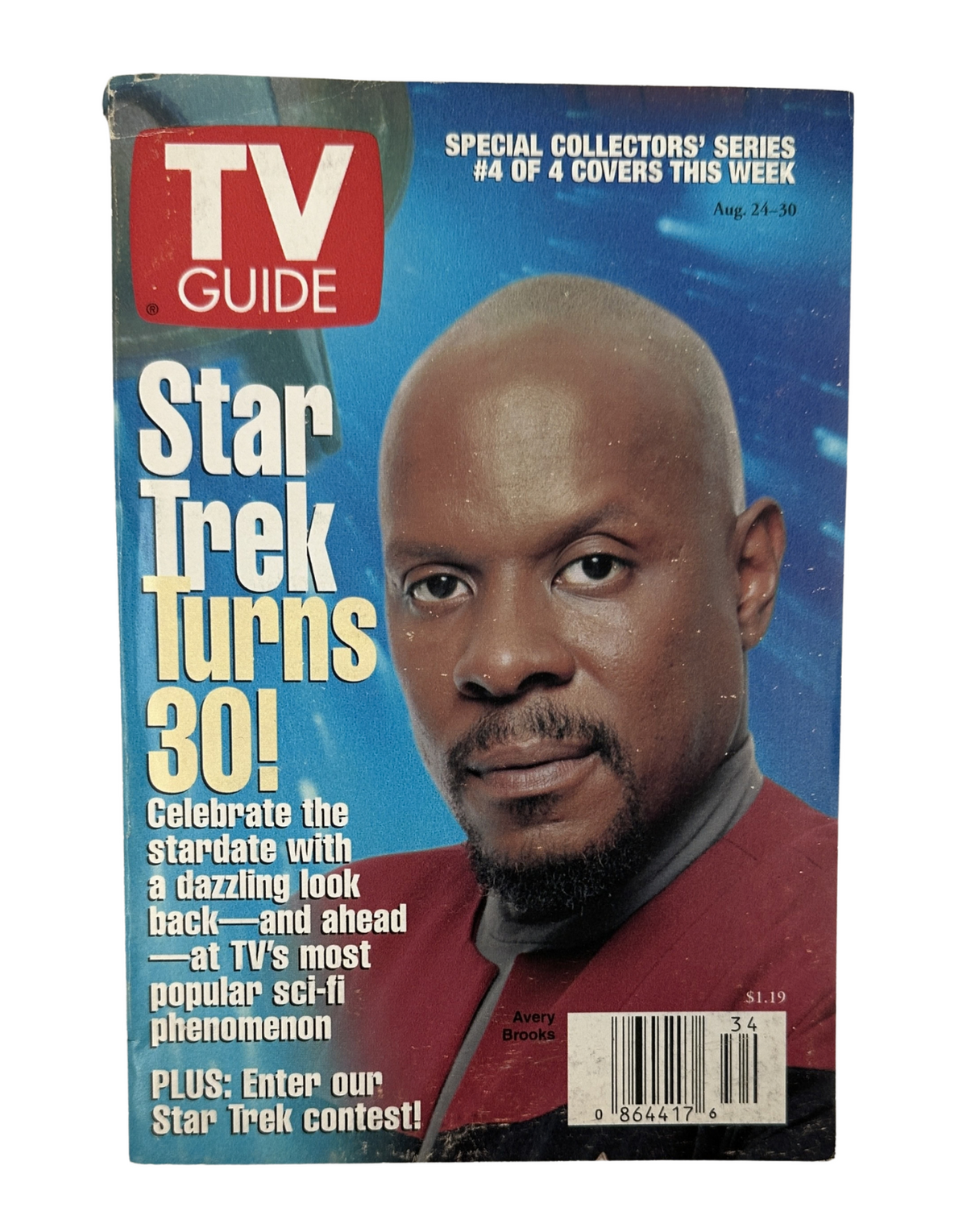 TV Guide Magazine cover from August 24, 1996 featuring Avery Brooks, celebrating Star Trek's 30th anniversary. The magazine highlights the show's impact on pop culture and is marked as a special collectors' series.