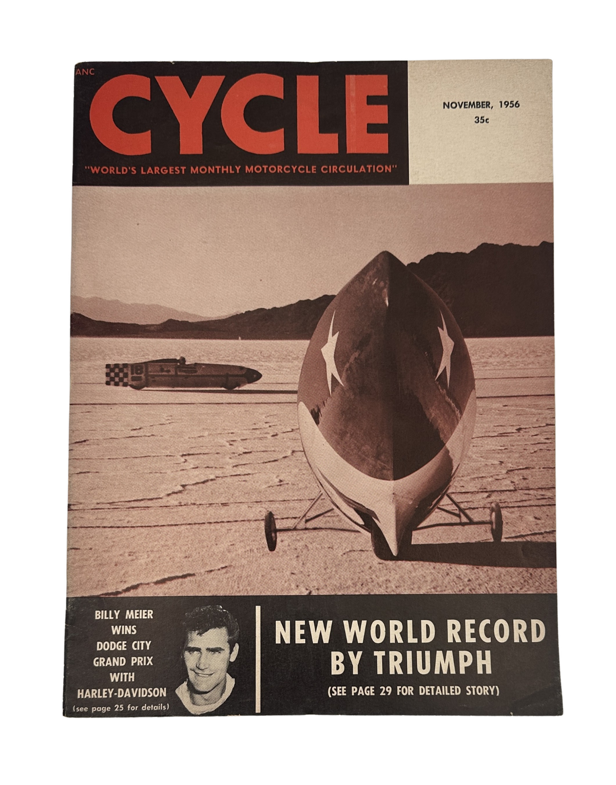 Cycle Magazine November 1956 cover featuring Billy Meier who won the Dodge City Grand Prix and a Triumph motorcycle that set a new world record, showcasing a dramatic image of the race.