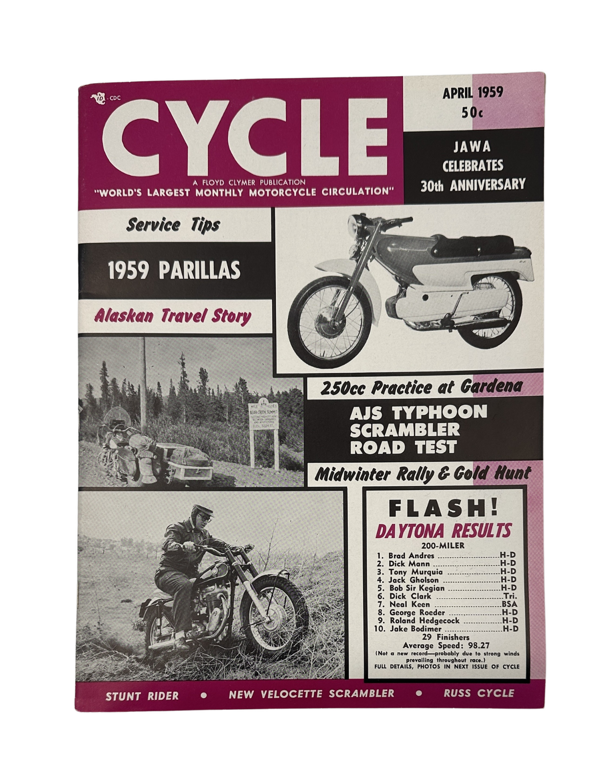 Cover of Cycle Magazine from April 1959 featuring the title 'Cycle Magazine April 1959 Jawa Anniversary AJS Typhoon Daytona Results VG', showcasing a motorcycle and headlines about 1959 Parillas and AJS Typhoon Road Test.
