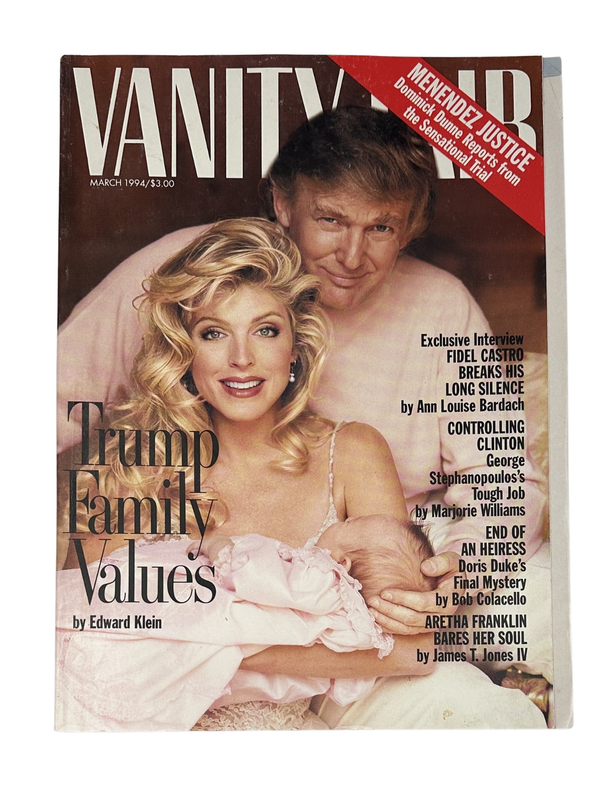 Vanity Fair Magazine March 1994 cover featuring Marla Maples and Donald Trump, highlighting the article 'Trump Family Values' by Edward Klein.