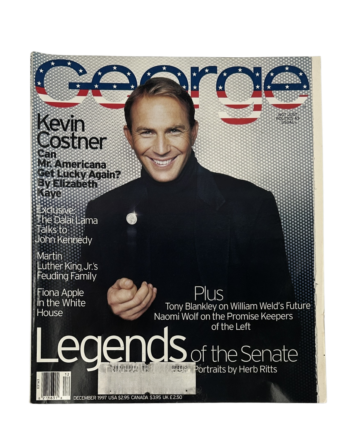George Magazine December 1997 cover featuring Kevin Costner, Dalai Lama, MLK, and Fiona Apple. The cover showcases Costner smiling, with an American flag theme and headlines about legends of the Senate.