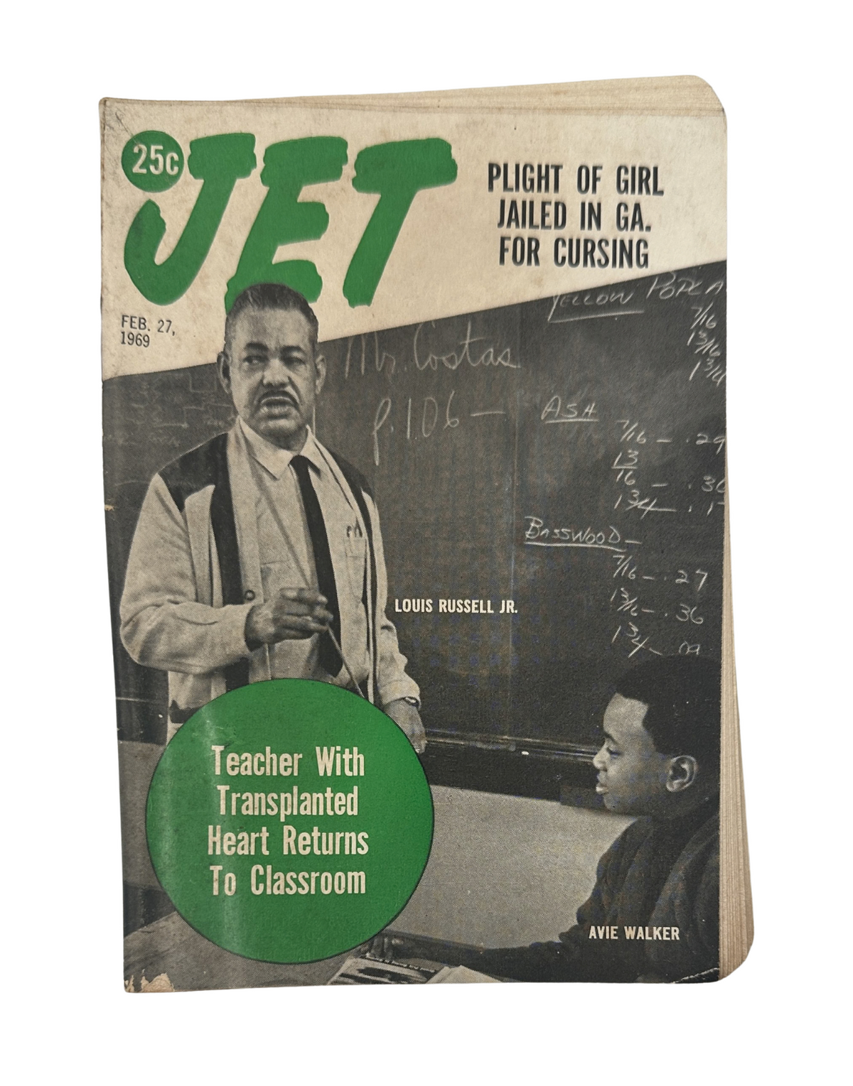 Jet Magazine February 27, 1969 featuring Louis Russell Jr. and Avie Walker on the cover. The magazine discusses various topics including education and cultural issues, highlighting the story of a teacher with a transplanted heart returning to the classroom.