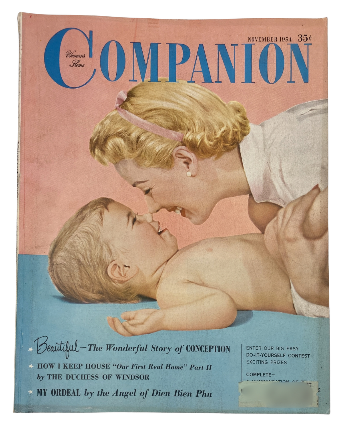 Cover of Woman’s Home Companion Magazine, November 1954, featuring the Duchess of Windsor, depicting a mother and child in a playful interaction. The magazine highlights content on conception and home management.