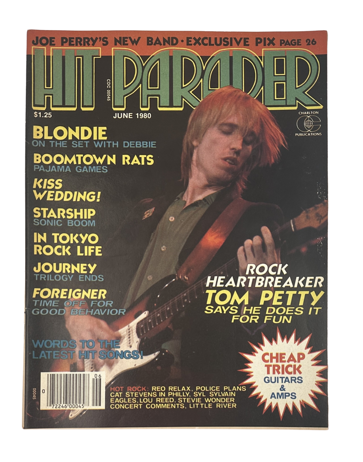 Cover of Hit Parader Magazine June 1980 featuring Tom Petty and ads for Blondie, Foreigner, and Kiss. The magazine emphasizes rock music news and includes items on Joe Perry's new band and upcoming tours.