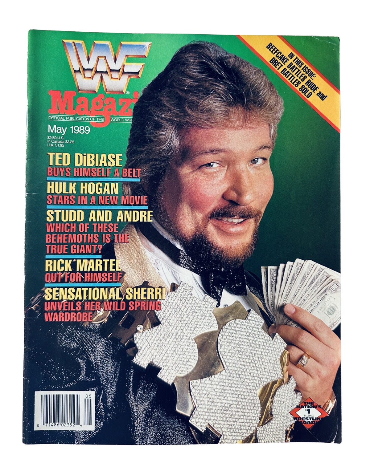 WWF Magazine May 1989 featuring Ted DiBiase on the cover, showcasing him with the Million Dollar Belt and holding cash. Ideal for wrestling memorabilia collectors.