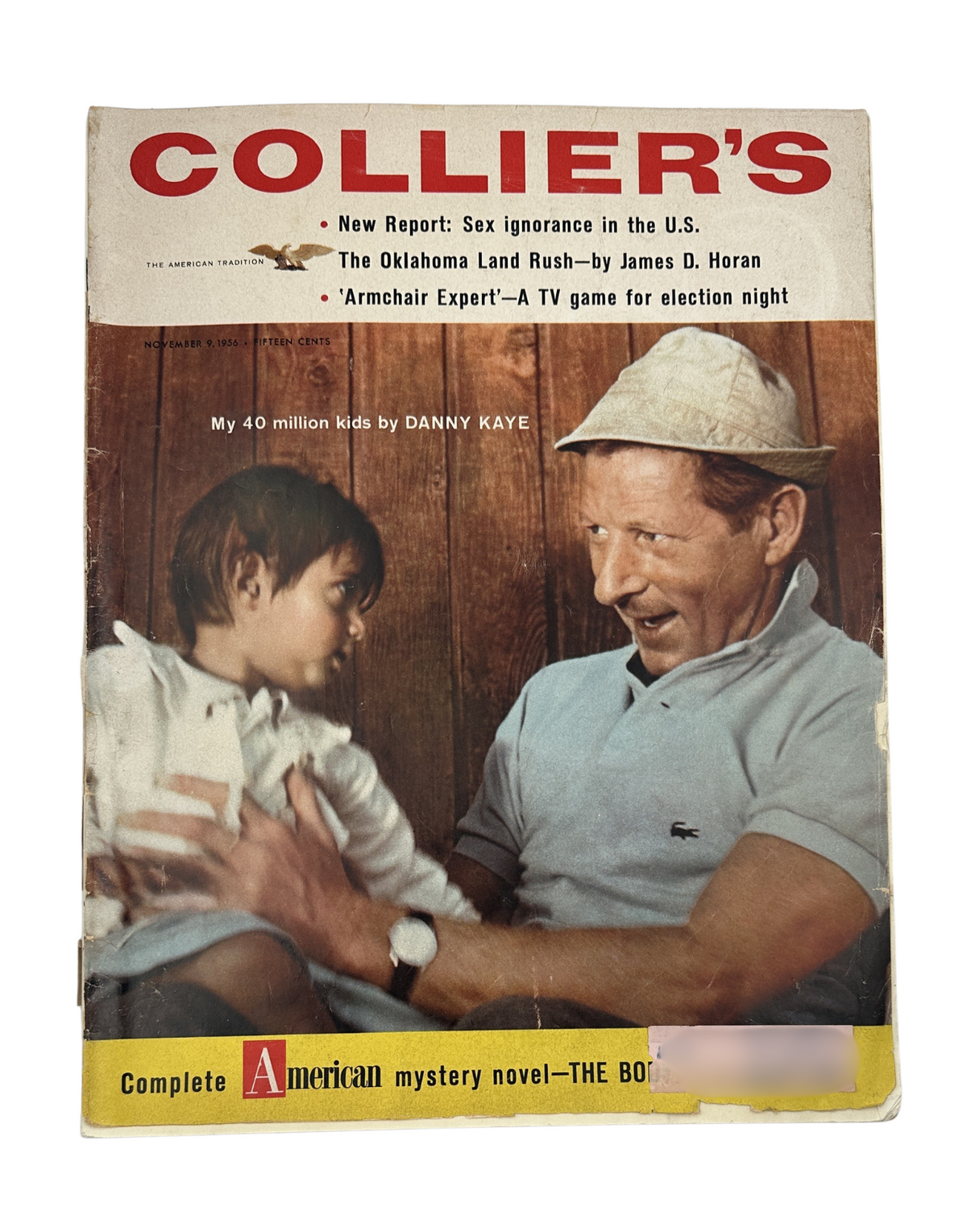 Collier’s Magazine cover from November 9, 1956 featuring Danny Kaye with a young child, highlighting content on Churchill, the elections, and armchair TV expert for election night.