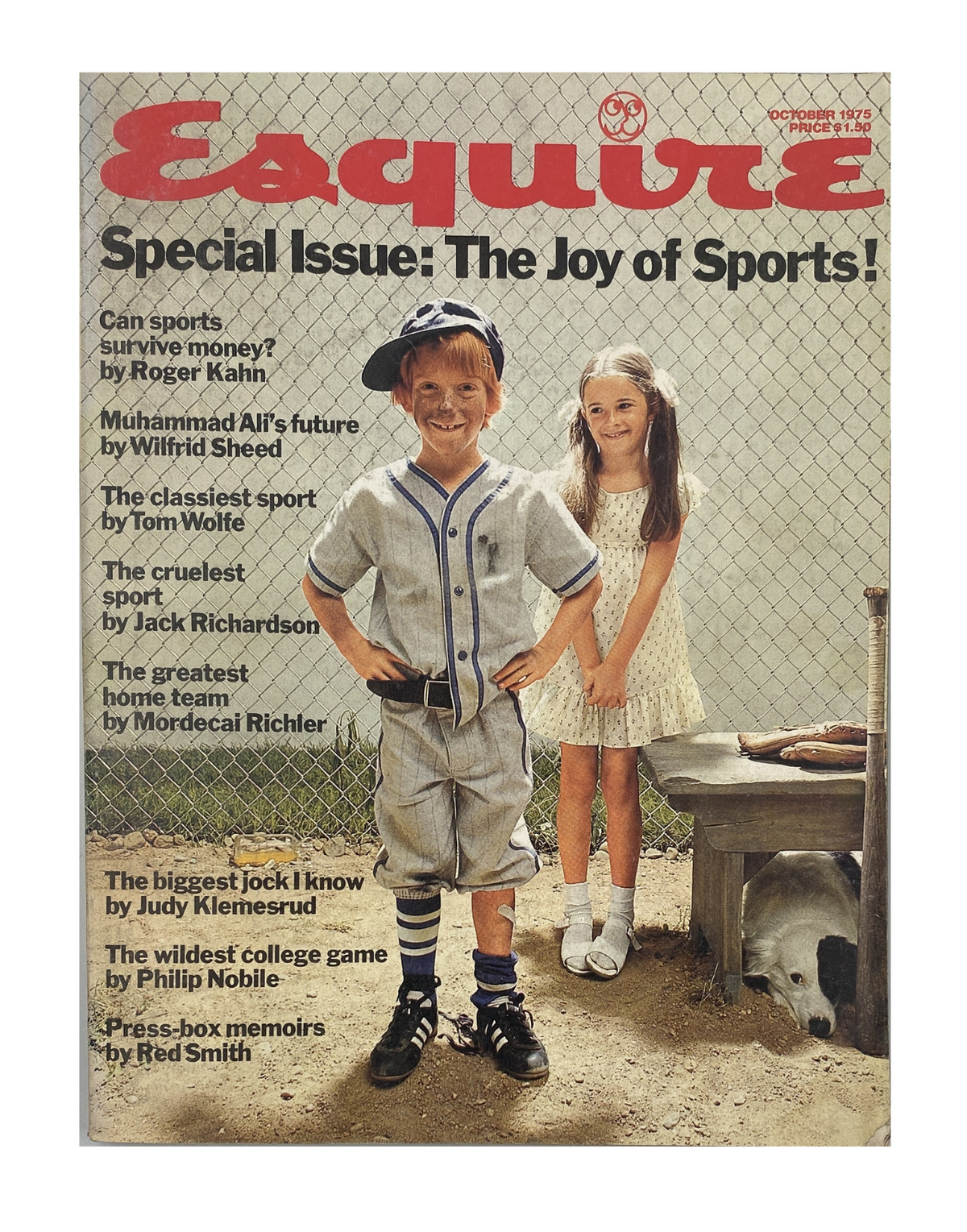 Esquire Magazine October 1975 Special Issue The Joy of Sports cover featuring a young boy in baseball attire and a girl, highlighting topics like Muhammad Ali and college sports.