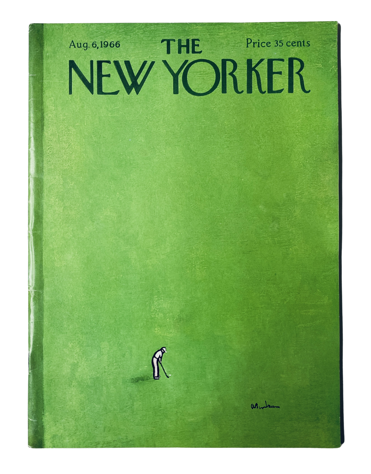 The New Yorker Magazine August 6, 1966 cover featuring a minimalist golfer illustration on a green background, titled 'The New Yorker Magazine August 6, 1966 Minimalist Golfer Green Abe Birnbaum VG'.