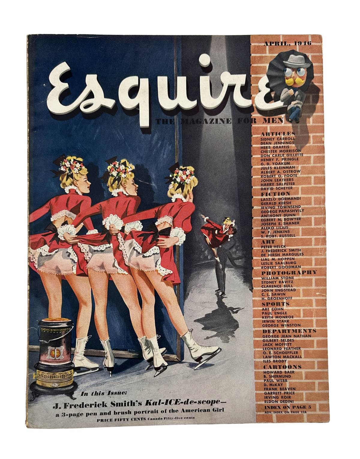 Cover of Esquire Magazine April 1946 featuring J. Frederick Smith's illustration titled Kal-ICE-de-scope, showcasing three women dressed in vibrant attire with flowers, embodying the Esquire Girl theme.