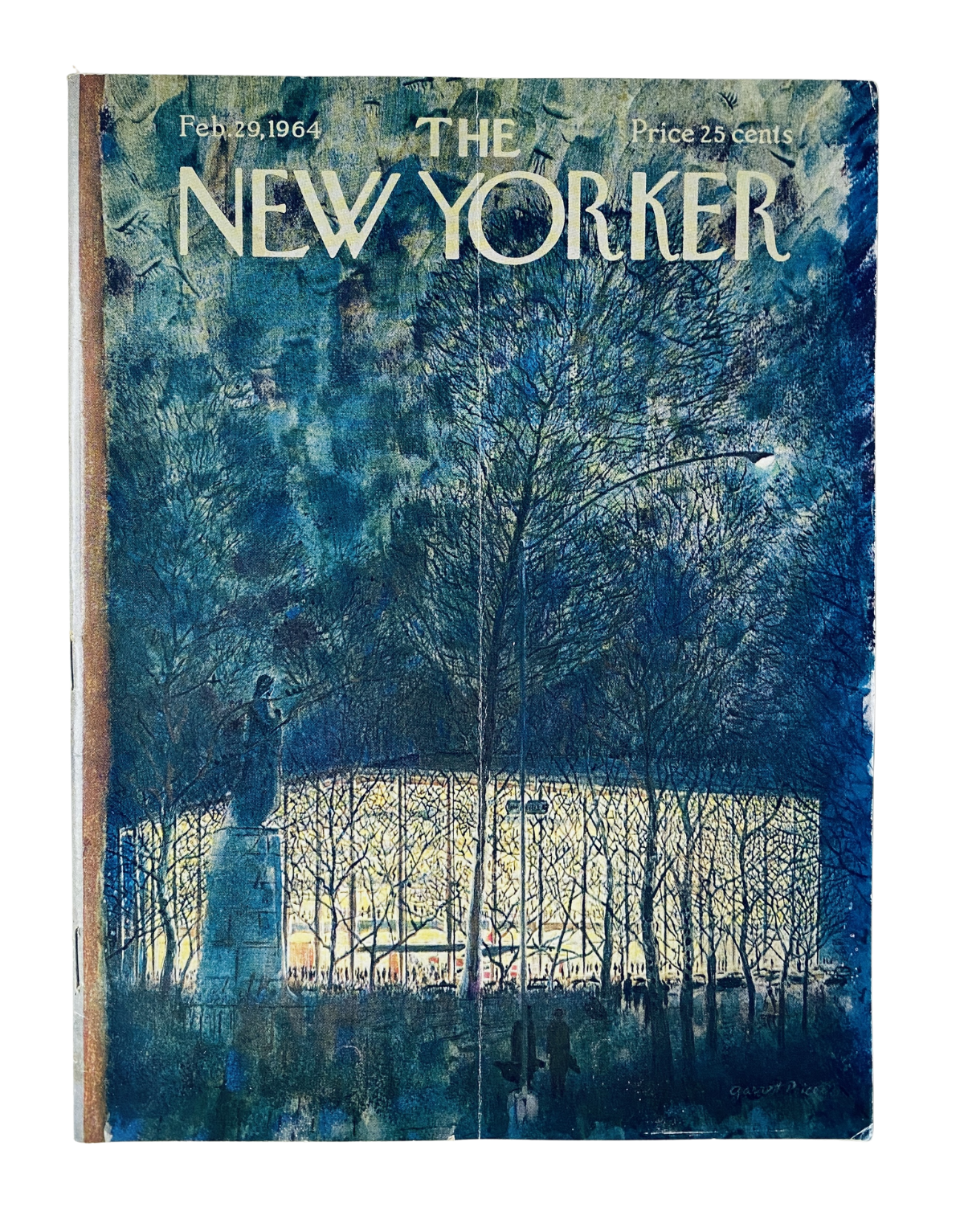 Cover of The New Yorker Magazine dated February 29, 1964, featuring an illustration by Garrett Price depicting an urban park at night, showcasing a vibrant use of colors and artistic representation of a statue.